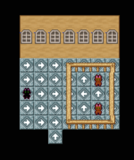 A small room with arrows on the floor, leading to a pen containing two rabbits. there is also a cat outside the pen. The wall is covered in windows to the outside.