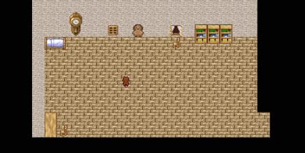 An image of a bedroom containing a bed, desk, toy dog, clock, bookshelves, and a pair of windows. There is a small doorway as well