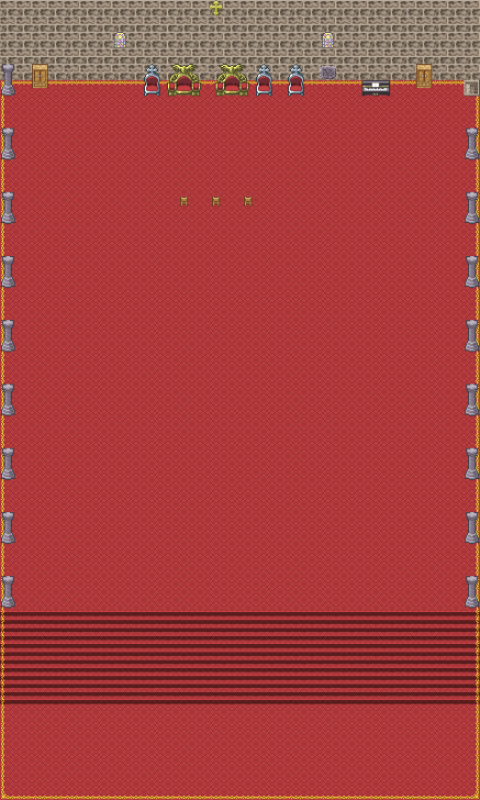 A massive room with Red carpet and stone walls. Several thrones sit at the back wall of the room, and several pillars line the walls. There is also a staircase leading downaward.