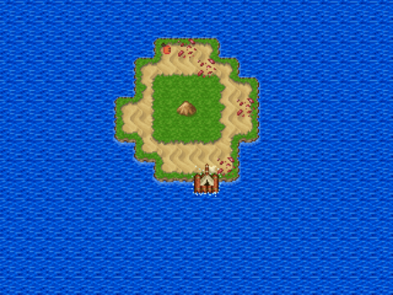 An island with a lifejacket on it and a singular boat in the water.