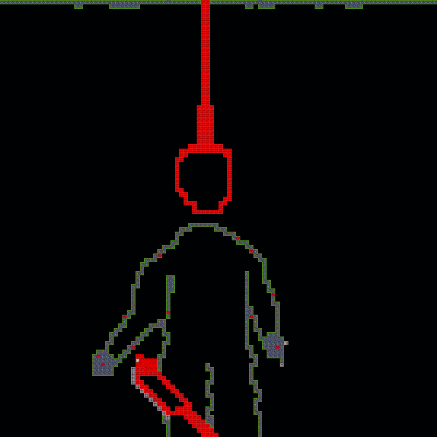 A path in the shape of a grey man hanging from a red noose with a knife to his thigh in a black void.