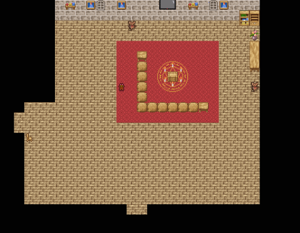 A room containing several cushions on the floor in the shape of a couch, a pentagram on the floor surrounding a coffee table, a TV on the wall, several photos and shelves of trinkets on the wall, two bookshelves, multiple teddy bears, and a brown cat.