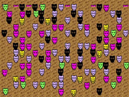 A very small space filled with many masks with various expressions.