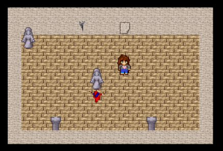 A room. a stature of a woman is prominently in the middle of the room, with a few similar ones along the walls. theres a paper taped to the wall. a heart sits in front of the statue