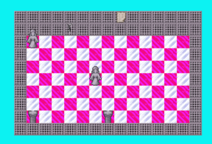 A room with pink and blue checkered floors. a stature of a woman is prominently in the middle of the room, with a few similar ones along the walls. theres a paper taped to the wall.