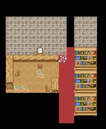 A red hallway passing alongside a room containing three desks and computers. to the right is many bookshelves. there is a patch of broken glass on the floor.