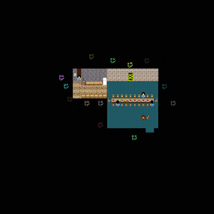 A version of the dining room containing several doll like people. the door to the living room has caution tape over it. there is a door where the oven was.