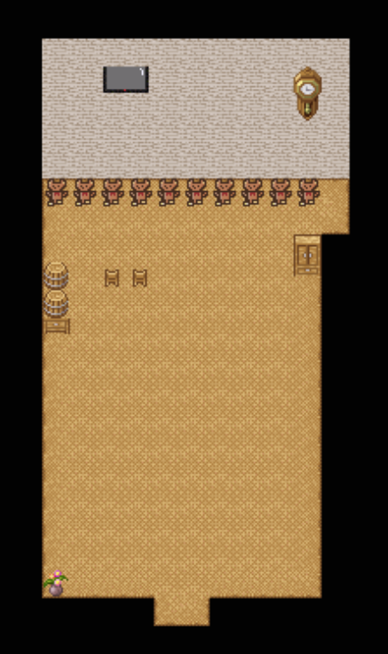 A room, with teddy bears all along the wall. there are a few containers around the room, and a small plant in the bottom left corner.