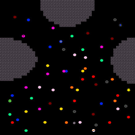 A black void with strange Grey cutouts. It is populated by colourful circles.