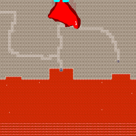 A red sea. There is land above it with three paths, one of which leads into the neck hole of a seemingly decapitated, bleeding man. there are maggots everywhere.