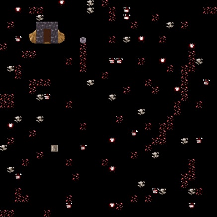 A black void full of skeletons and red gems. theres a well in the middle and a cave to the side.