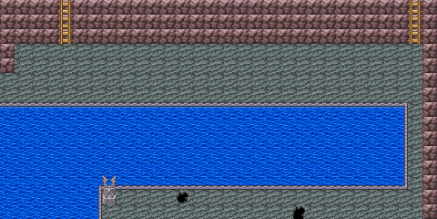 A short sewer hallway with two laddders and a bridge across the water leading to a statue of a demon