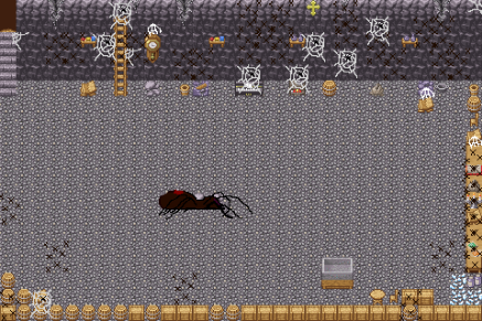 A basement with a massive spider in the middle of it. there are smaller spiders everywhere as well as spiderwebs.