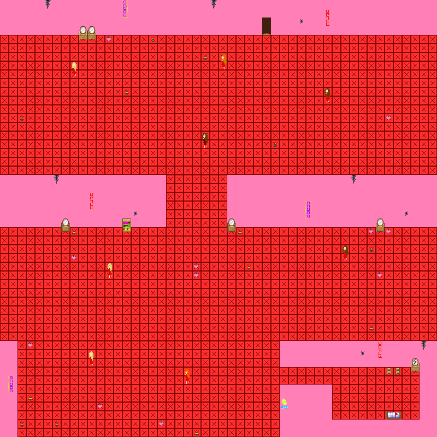 A red Room Filled with women and flashing neon signs. a room to the side contains a bed and shattered mirror.