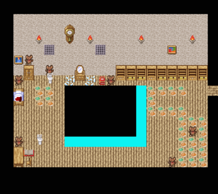 A bedrooom containing many childrens drawings, several teddy bears, a bloodsoaked bed, a wardrobe, and a void in the floor